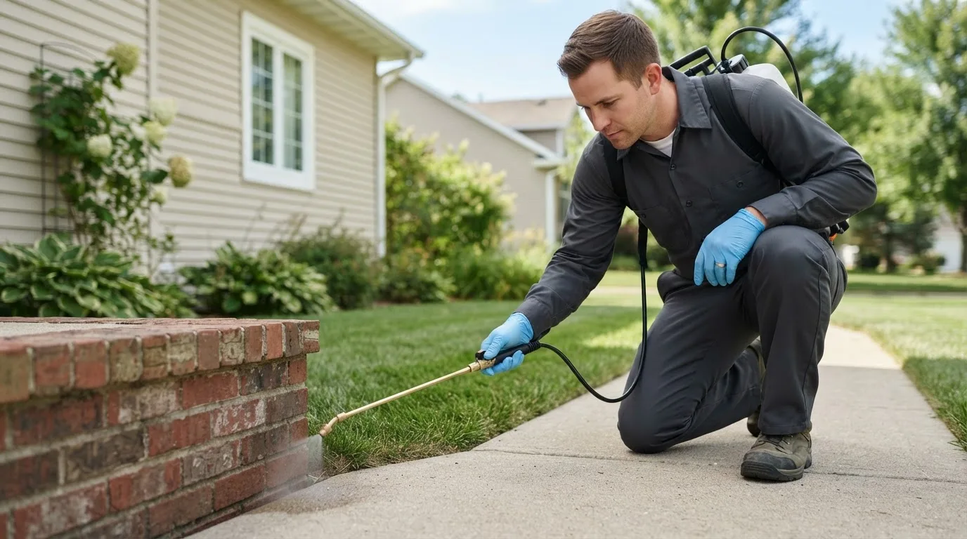 Pest control technician treating a home near Liebenthal, KS