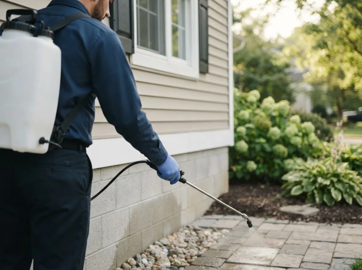 Pest control technician inspecting a home in Liebenthal, KS